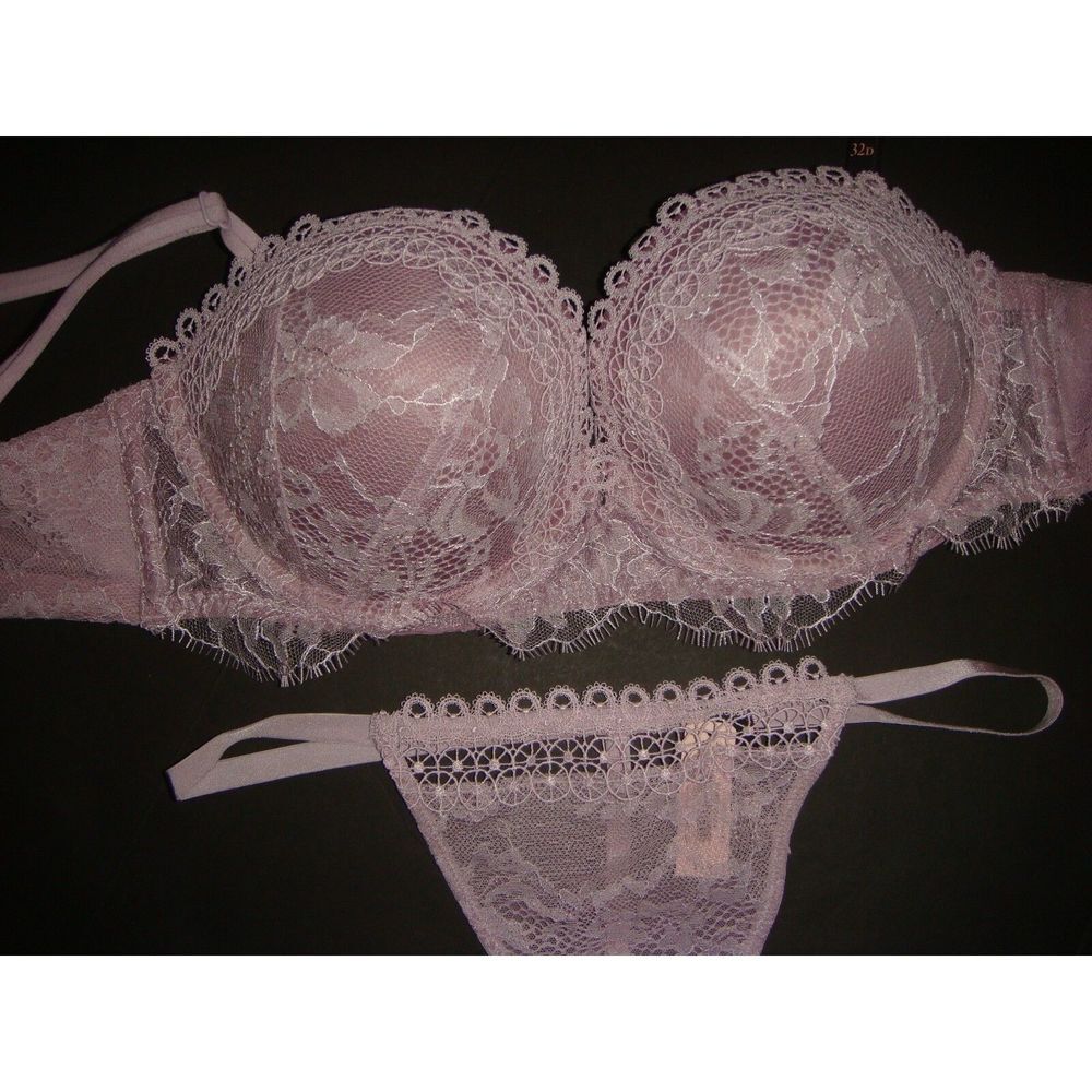 Victoria's Secret strapless 32B,32D BRA SET Thong LILAC purple lace EMBROIDERED